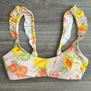 AERIE Scoop Bikini Top XS Ruffle Strap Colorful Floral Boho Cottagecore Beach